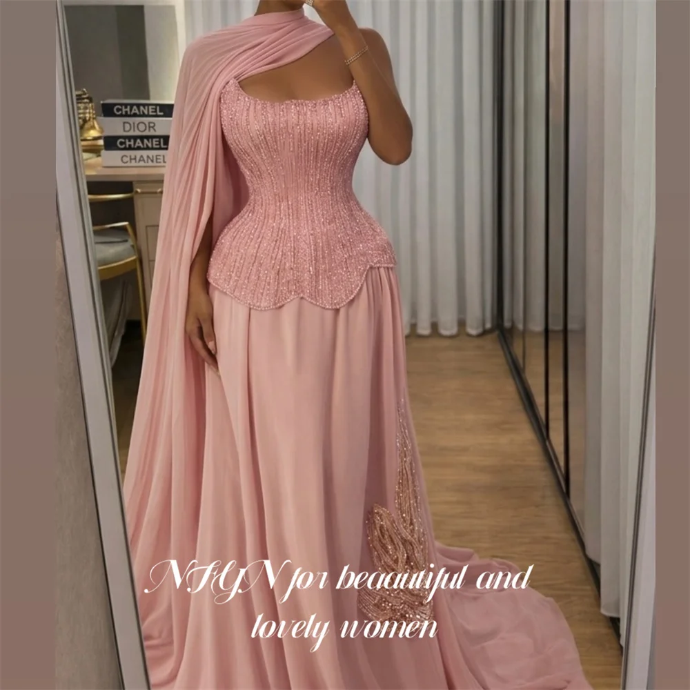 NFYN Pink Evening Gown Scoop Neck Draped Neck Scarf Prom Dress Wedding Evening Dress robes de soirée Customized
NFYN Pink Evening Gown Scoop Neck Draped Neck Scarf Prom Dress Wedding Evening Dress robes de soirée Customized