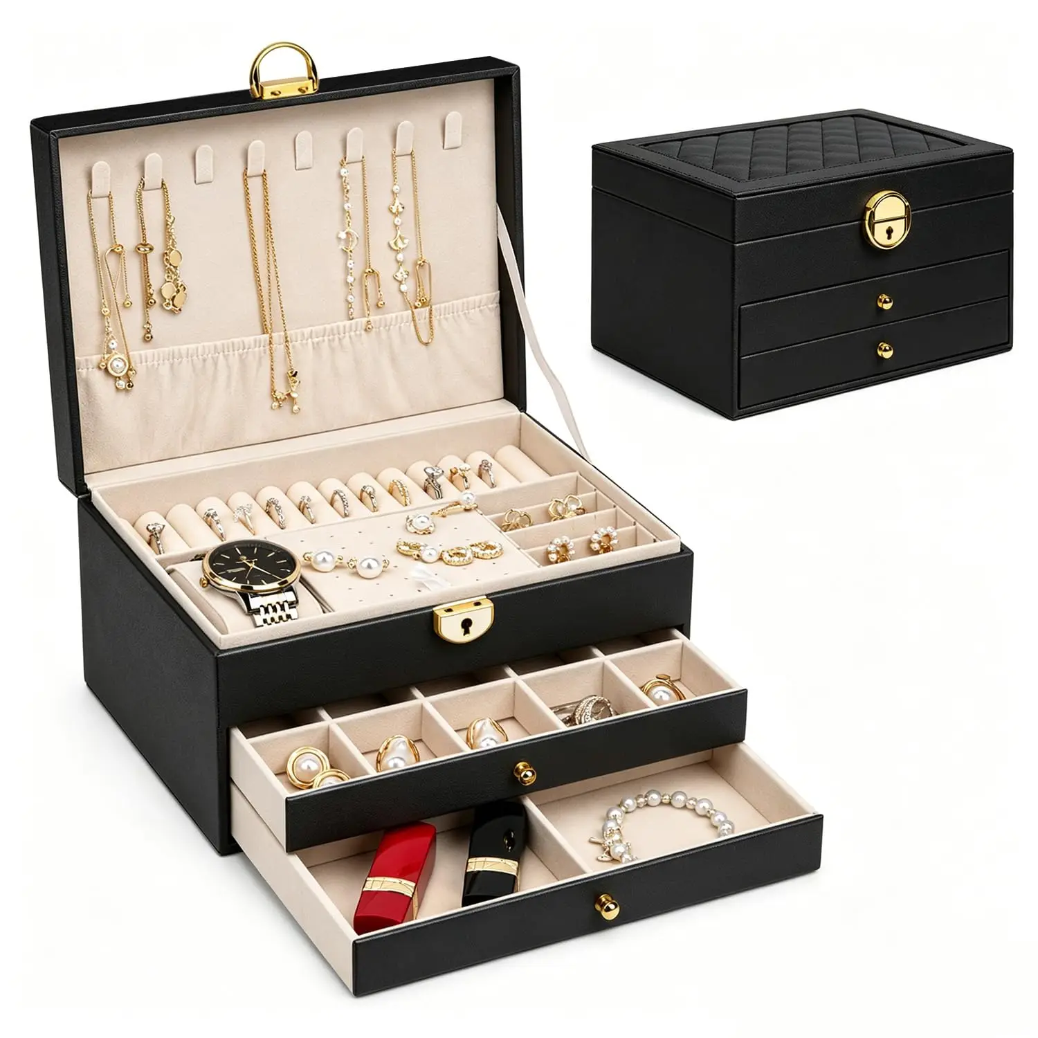 Large Lockable PU Leather Jewelry Box with Drawers, Multi Compartment Necklace Ring Watch Storage Organizer Gift Case for Women
Large Lockable PU Leather Jewelry Box with Drawers, Multi Compartment Necklace Ring Watch Storage Organizer Gift Case for Women