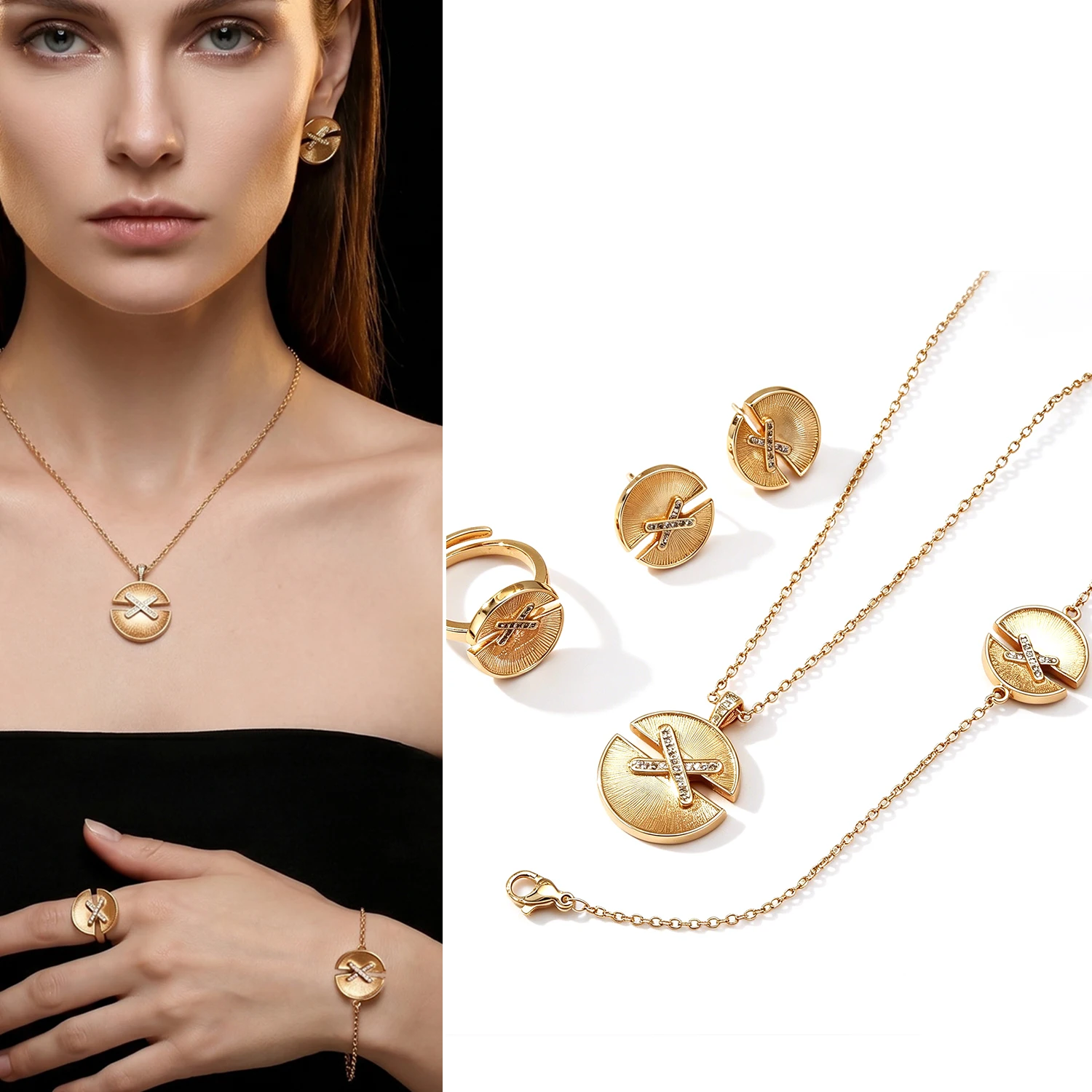 Luxury 4Pcs Cross CZ Jewelry Set - 18K Gold Plated Necklace Bracelet Ring Earrings for Women Wedding & Daily Wear
Luxury 4Pcs Cross CZ Jewelry Set - 18K Gold Plated Necklace Bracelet Ring Earrings for Women Wedding & Daily Wear