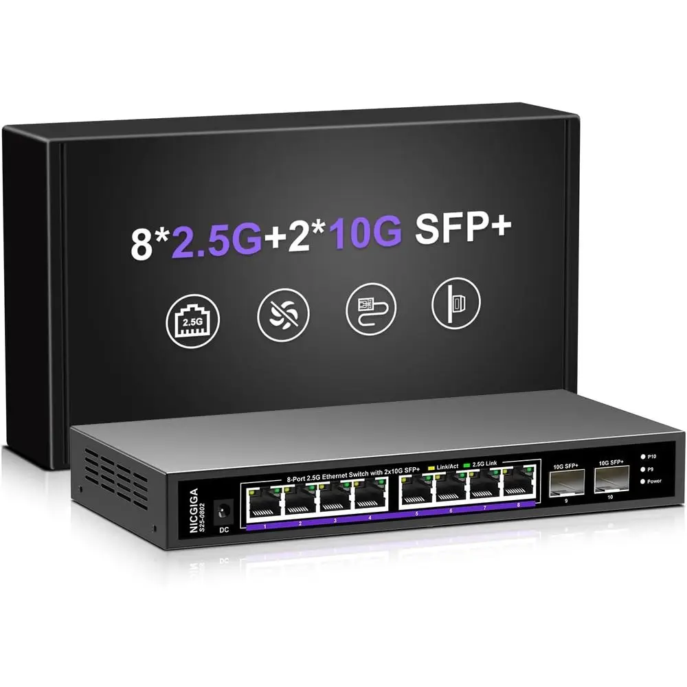 10-Port 2.5Gbps Unmanaged Ethernet Switch with 8x 2.5G Base-T and 2x 10G SFP+ Interfaces
10-Port 2.5Gbps Unmanaged Ethernet Switch with 8x 2.5G Base-T and 2x 10G SFP+ Interfaces