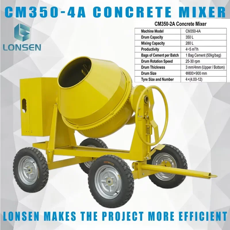 Gold Seller CM350-4A Concrete Mixer for 350L 4~5m³/h Construction Mixer with 4×4.00-12 Wheels
Gold Seller CM350-4A Concrete Mixer for 350L 4~5m³/h Construction Mixer with 4×4.00-12 Wheels