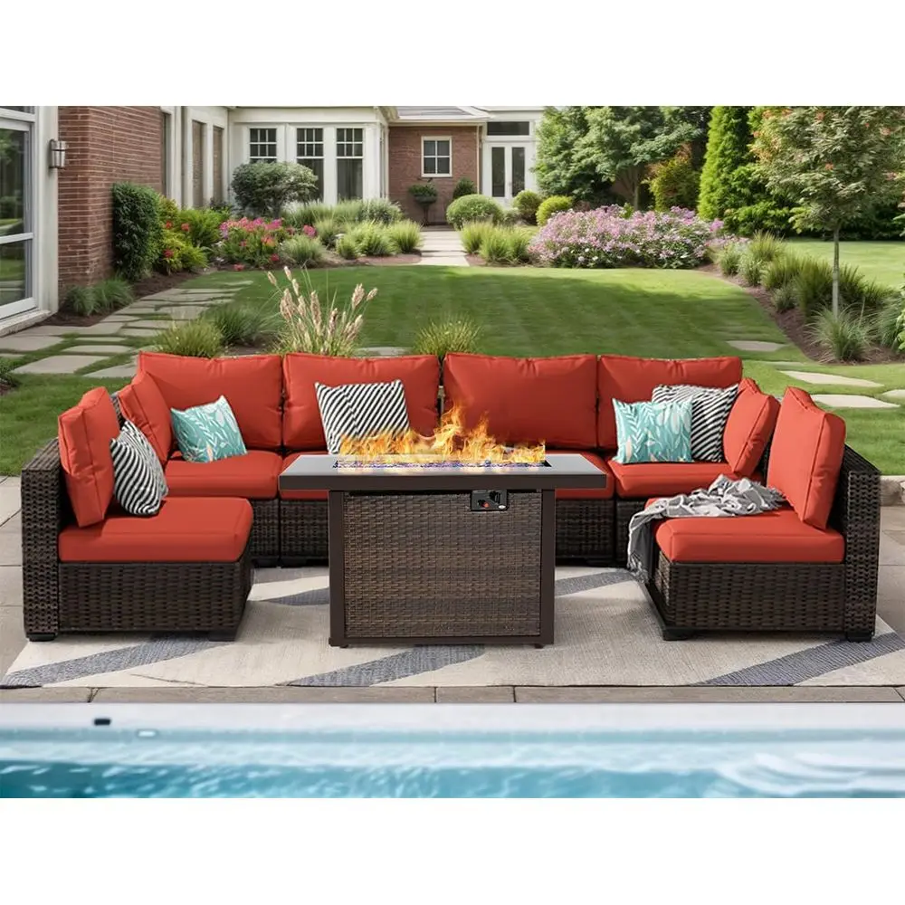 7-Piece Outdoor Sectional Set with 44 Fire Pit Table, All-Weather Rattan Furniture, Cushioned for Patio, Balcony, Deck in Red
7-Piece Outdoor Sectional Set with 44 Fire Pit Table, All-Weather Rattan Furniture, Cushioned for Patio, Balcony, Deck in Red