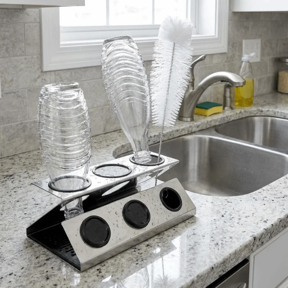 Stainless Steel Soda Bottle Drain Rack Silver 3-hole Bottle Drying Rack with Brush Soda Bottle Placement Rack Living Room
Stainless Steel Soda Bottle Drain Rack Silver 3-hole Bottle Drying Rack with Brush Soda Bottle Placement Rack Living Room