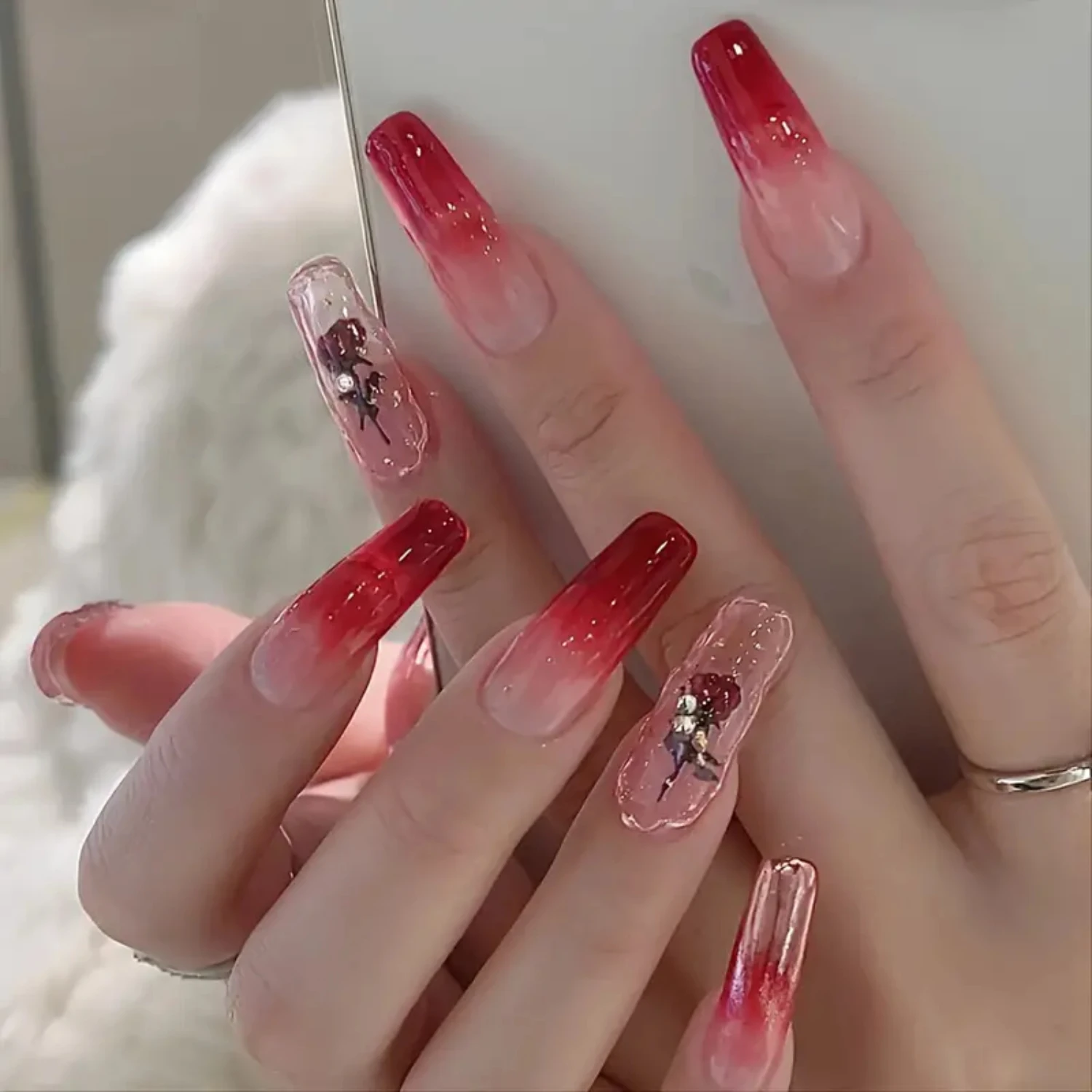 and out from the crowd with these fabulous and luxurious Gradient Jelly Finish Blood Rose Acrylic Fake Nails. Add a touch of ele
and out from the crowd with these fabulous and luxurious Gradient Jelly Finish Blood Rose Acrylic Fake Nails. Add a touch of ele