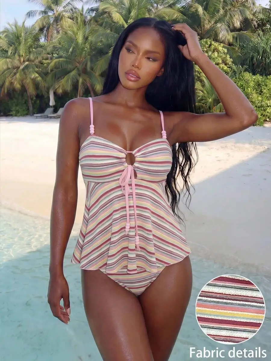 Womens Striped Two-Piece Swimsuit With Beaded Strap And Peplum Top
Womens Striped Two-Piece Swimsuit With Beaded Strap And Peplum Top