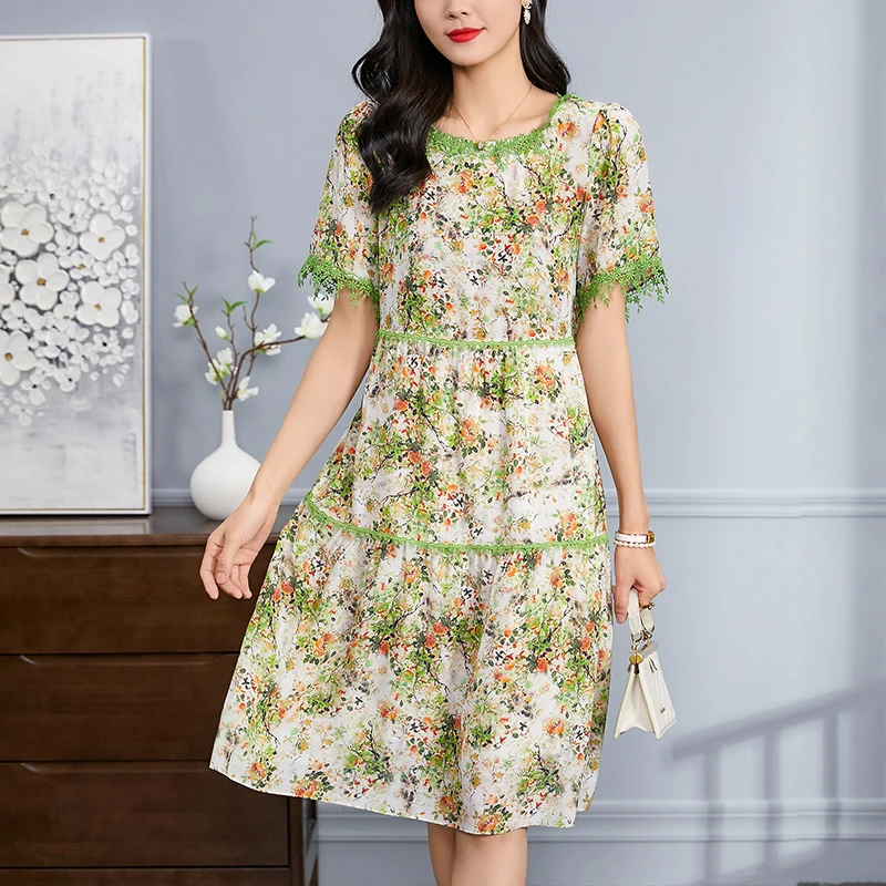 100% Real Silk Women's Summer Dresses 2024 Elegant Fashion O-neck Short Sleeve Lace Patchwork Woman Floral Print Dress A-line
100% Real Silk Women's Summer Dresses 2024 Elegant Fashion O-neck Short Sleeve Lace Patchwork Woman Floral Print Dress A-line