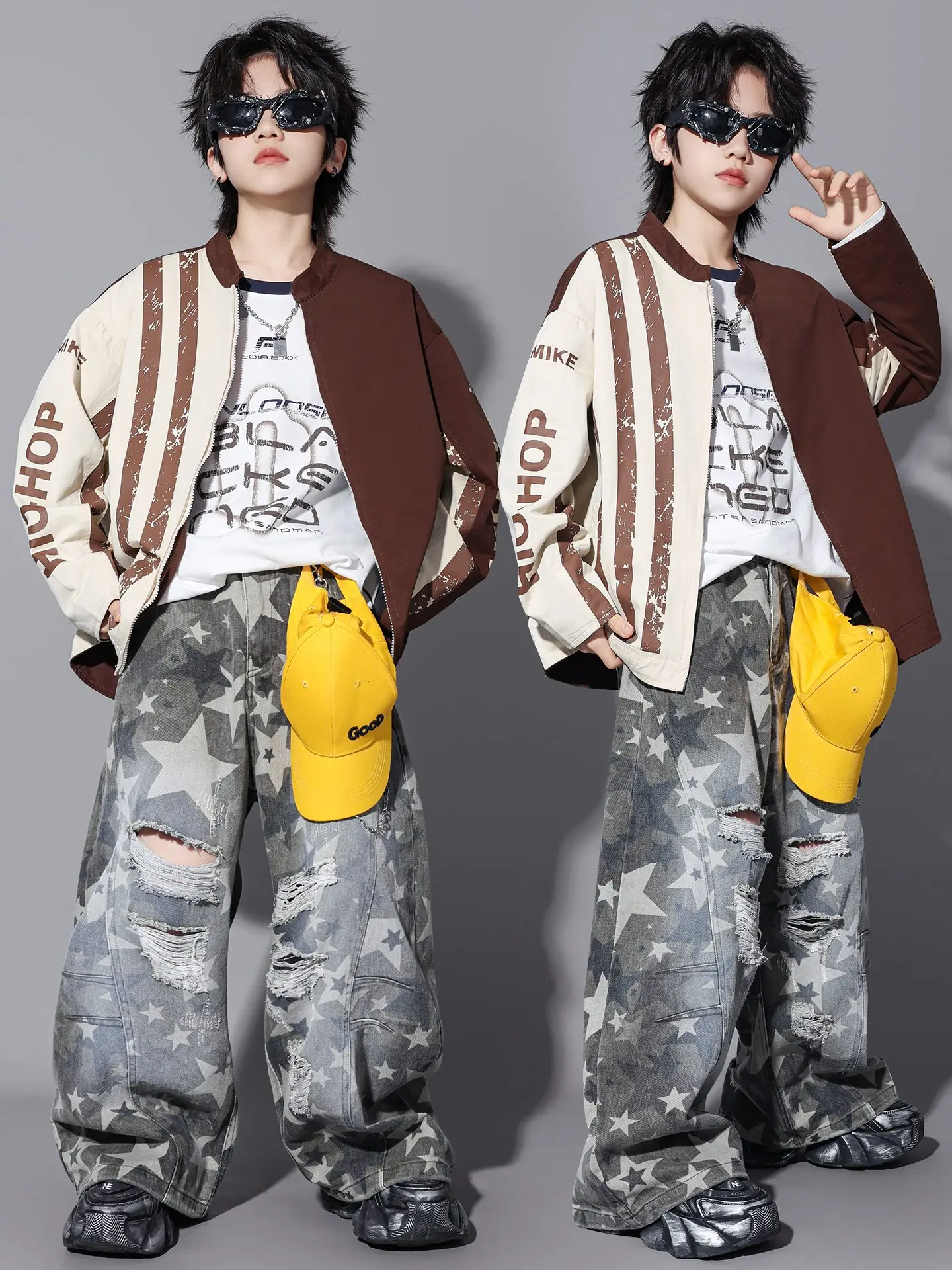 New Hip Hop Clothes For Boys Girls Fashion Coat Ripped Star Pants Long Sleeves Street Wear Drum Concert Performance Suit BL18057
New Hip Hop Clothes For Boys Girls Fashion Coat Ripped Star Pants Long Sleeves Street Wear Drum Concert Performance Suit BL18057