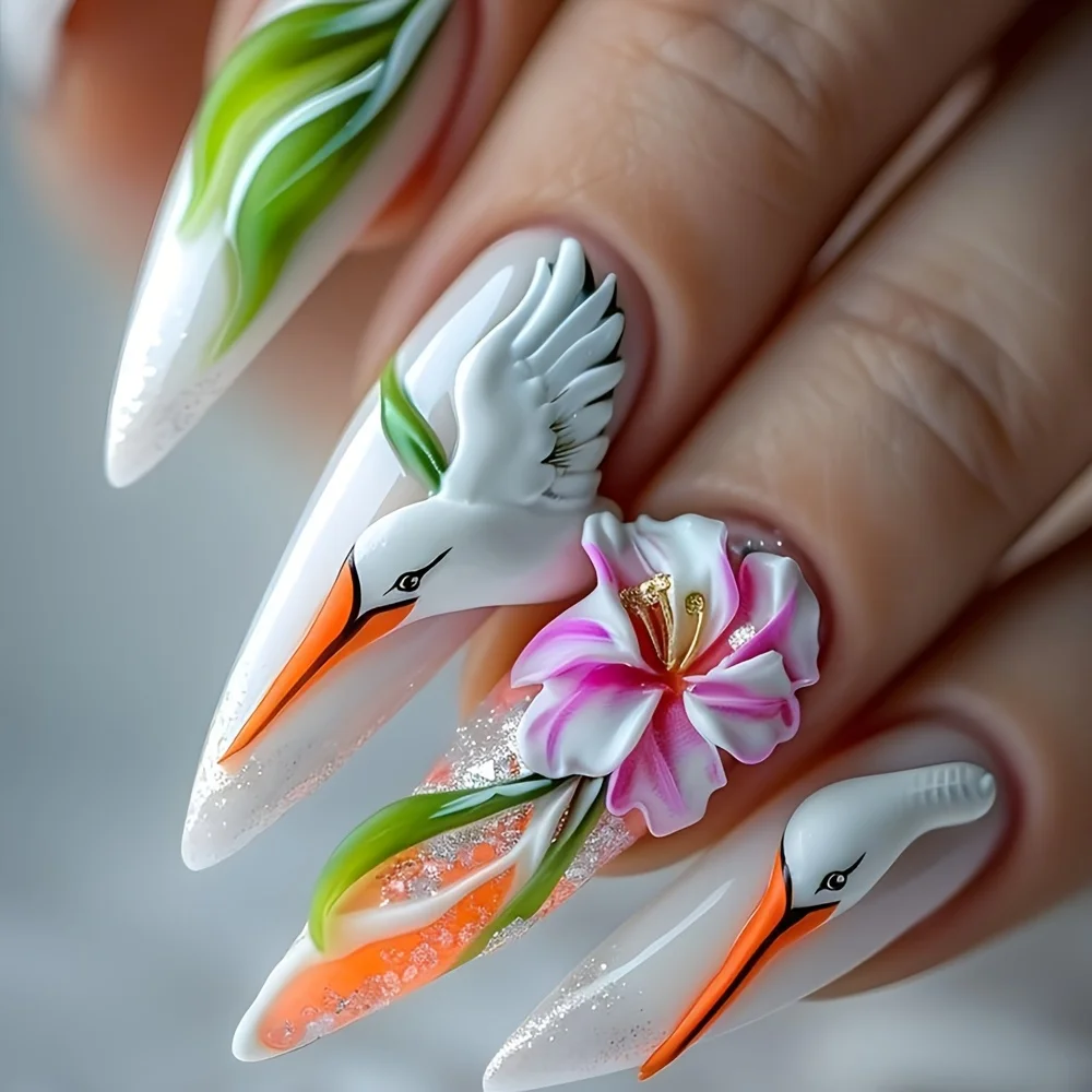 24 Pics Almond-Shaped Nail Art Pieces Designed for Wear. Featuring a Traditional Chinese Style with a White Heron And Floral Border, This Nail Polish Includes 3D Relief Stickers. The Design Is Wearable And The Stickers Are Detachable
24 Pics Almond-Shaped Nail Art Pieces Designed for Wear. Featuring a Traditional Chinese Style with a White Heron And Floral Border, This Nail Polish Includes 3D Relief Stickers. The Design Is Wearable And The Stickers Are Detachable
