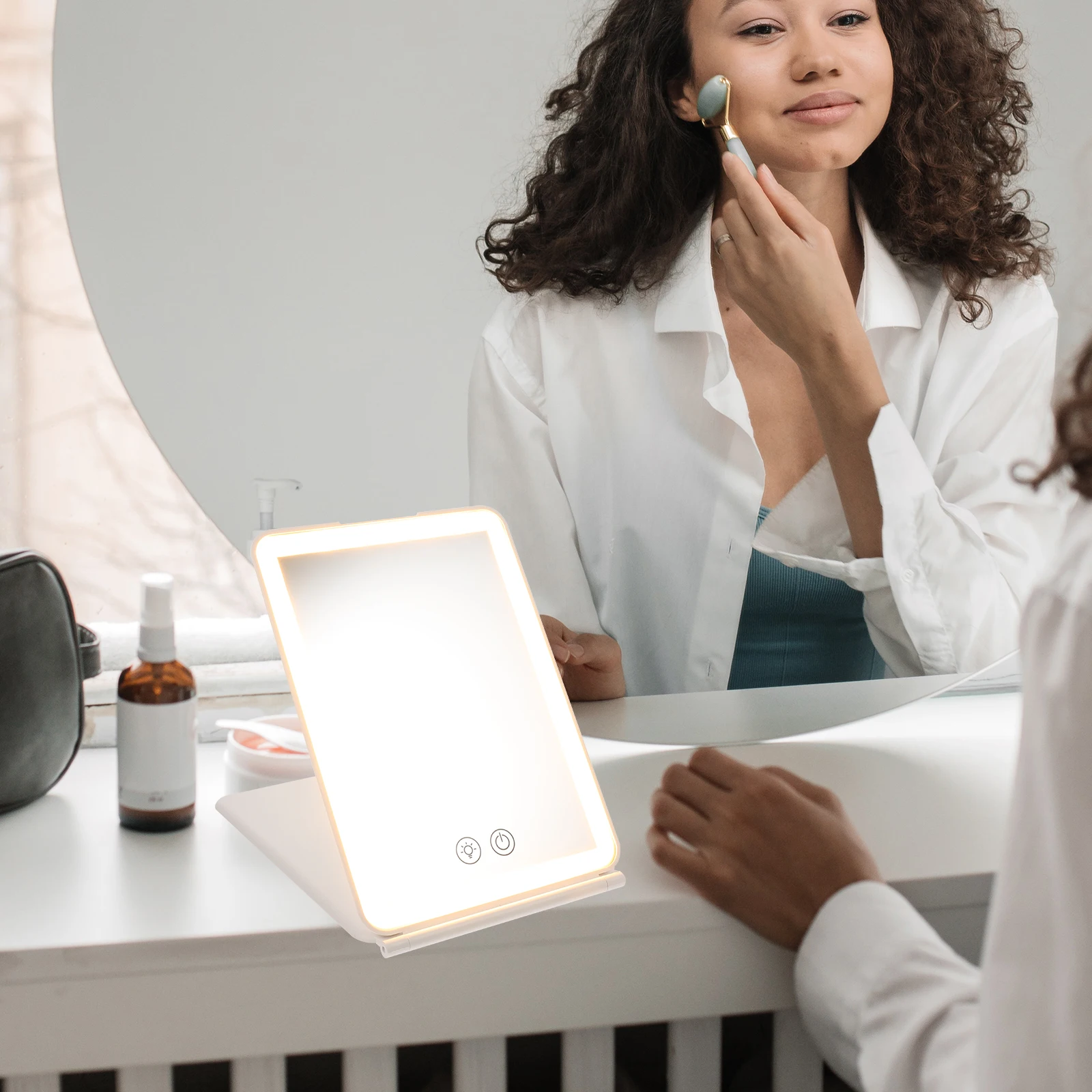 Lighted Vanity Mirror LED Desktop Travel Makeup Portable Tabletop Compact Folding Mirror High Definition Clear
Lighted Vanity Mirror LED Desktop Travel Makeup Portable Tabletop Compact Folding Mirror High Definition Clear