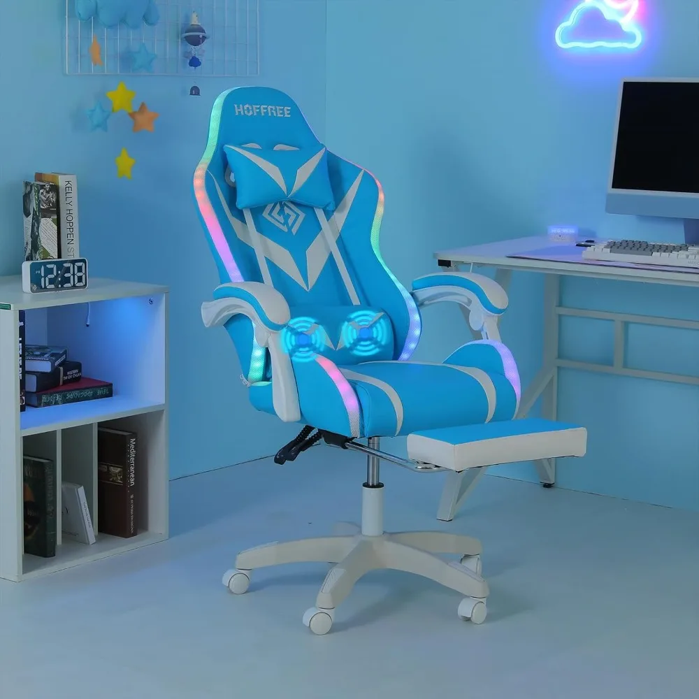 Gaming chair with massage and LED lights, ergonomic video game chair, footrest, high back reclining, adjustable lumbar support
Gaming chair with massage and LED lights, ergonomic video game chair, footrest, high back reclining, adjustable lumbar support