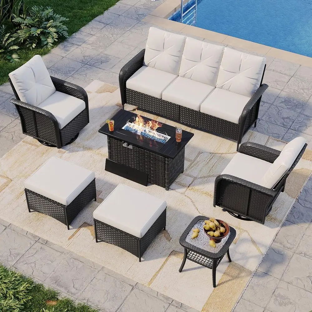 7-Piece Outdoor Wicker Sectional Set with 44 Fire Pit Table and High Back Swivel Rocker Chairs, Thick Cushions & Ottoman, Beige
7-Piece Outdoor Wicker Sectional Set with 44 Fire Pit Table and High Back Swivel Rocker Chairs, Thick Cushions & Ottoman, Beige