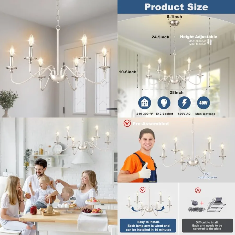Modern Chandelier for Dining Room: 6-Light Brushed Nickel Farmhouse Hanging Ceiling Pendant Light Fixture for Kitchen Island -
Modern Chandelier for Dining Room: 6-Light Brushed Nickel Farmhouse Hanging Ceiling Pendant Light Fixture for Kitchen Island -