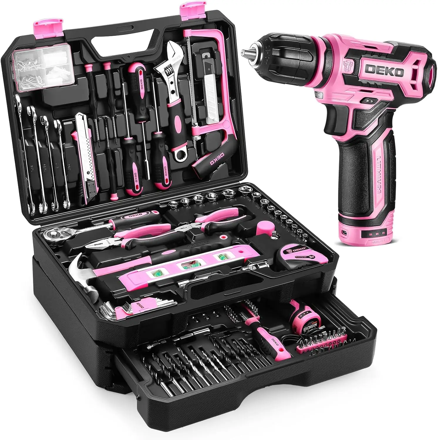 Pink Tool Kit Box with 12V Cordless Drill, Hand Repair Tools Sets Combo for Home Mechanics
Pink Tool Kit Box with 12V Cordless Drill, Hand Repair Tools Sets Combo for Home Mechanics
