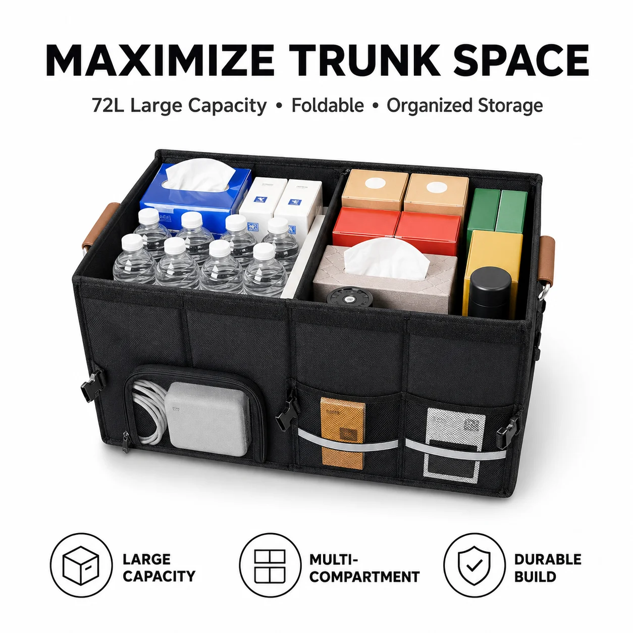 72L Foldable Portable Car Storage Box with Side Net, Car Trunk Organizer, Camping Outing Storage Box, Space-Saving Multi-Function
72L Foldable Portable Car Storage Box with Side Net, Car Trunk Organizer, Camping Outing Storage Box, Space-Saving Multi-Function