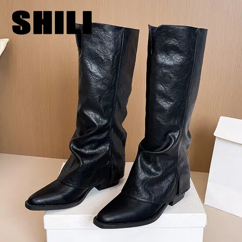 Zapatos De Mujer Women's Boots 2026 New Pointed Toe Long Tube Boots Metal Buckle Square Heel Pants Fashion Winter Boots сапоги