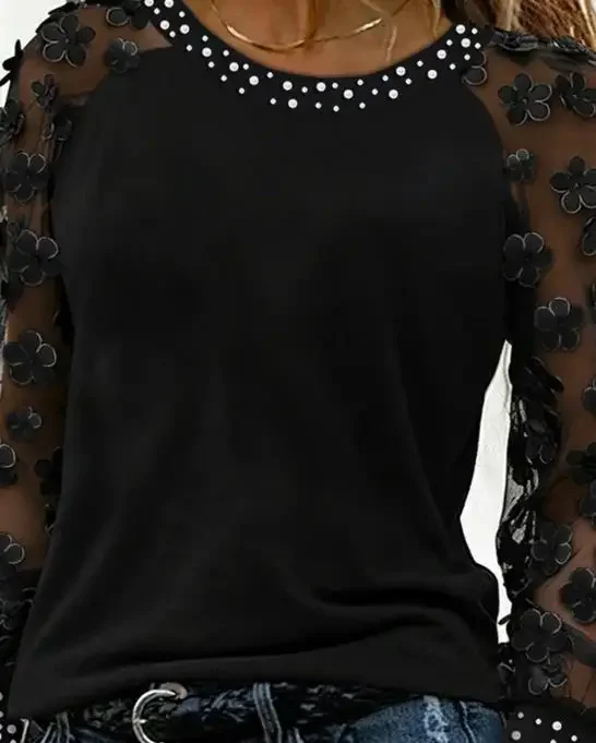 Women's Fashion T-Shirt Temperament Rhinestone Decor 3D Floral Applique Sheer Mesh Long Sleeve Tee Casual Top for Women
Women's Fashion T-Shirt Temperament Rhinestone Decor 3D Floral Applique Sheer Mesh Long Sleeve Tee Casual Top for Women