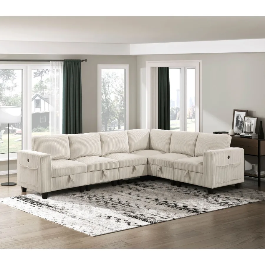 6Piece Modular Sectional with Storage Seats Side Pockets Charging Ports Beige Corduroy Fabric Modern Living Room Sectional Couc
6Piece Modular Sectional with Storage Seats Side Pockets Charging Ports Beige Corduroy Fabric Modern Living Room Sectional Couc