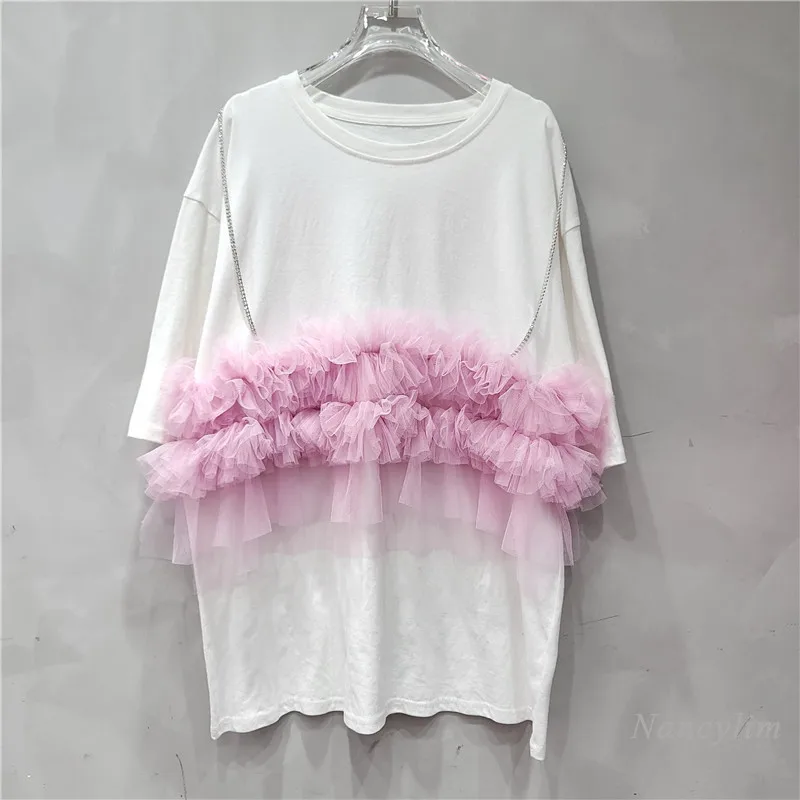 Mesh Patchwork Short-Sleeved T-Shirt Women's Summer Loose Slimming Chain Mid-Length All-Matching Street Tshirt Top
Mesh Patchwork Short-Sleeved T-Shirt Women's Summer Loose Slimming Chain Mid-Length All-Matching Street Tshirt Top