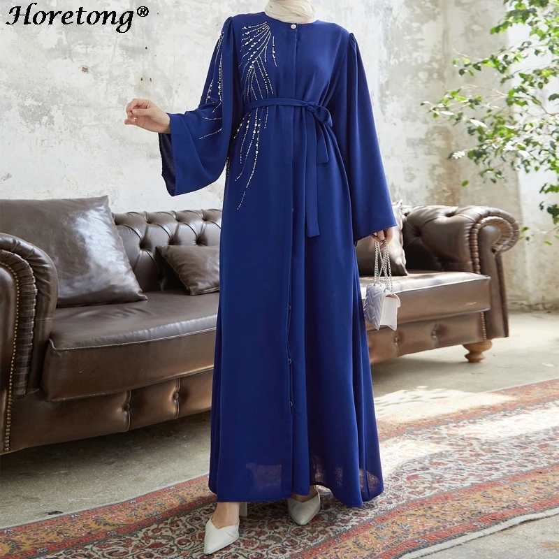 Horetong Elegant Muslim Abaya Beaded Rhinestone Flared Sleeve Open Front Belted Waist Modest Maxi Dress Ramadan Eid Daily Wear
Horetong Elegant Muslim Abaya Beaded Rhinestone Flared Sleeve Open Front Belted Waist Modest Maxi Dress Ramadan Eid Daily Wear