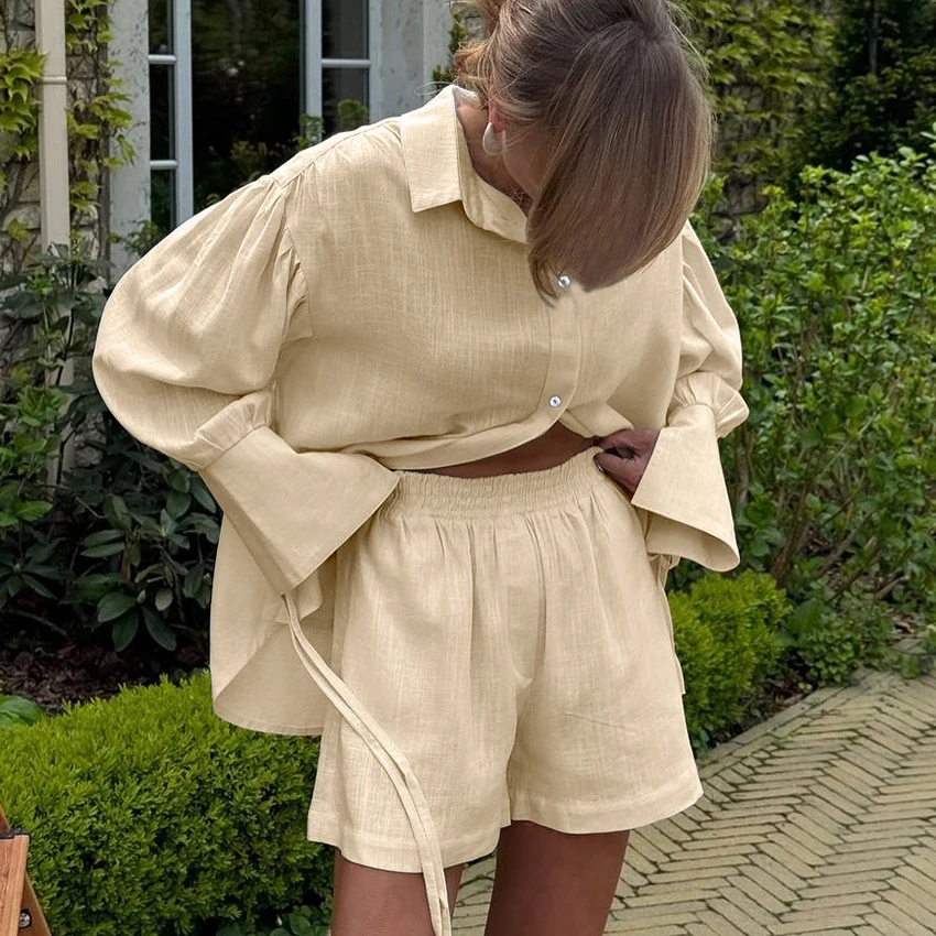 Linad Khaki Casual Pure Cotton Long Sleeve 2 Pieces Set For Woman Button Loose Lapel Elastic Suit Fold Lace-Up Summer Shorts Set
Linad Khaki Casual Pure Cotton Long Sleeve 2 Pieces Set For Woman Button Loose Lapel Elastic Suit Fold Lace-Up Summer Shorts Set