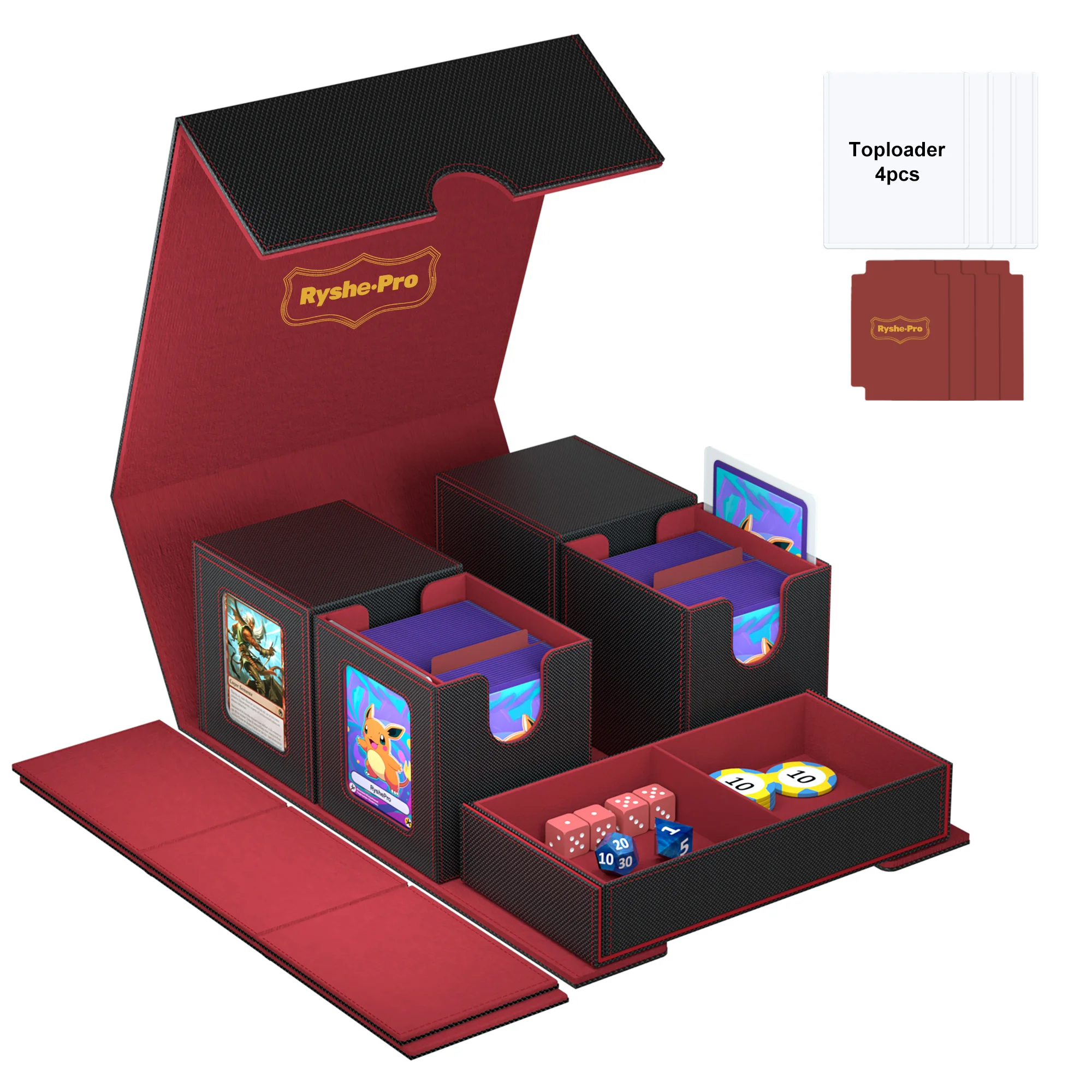 Коробка для хранения коллекционных карточек 5 в 1 для MTG TCG с 4 чехлами для колоды с разделенными крышками и лотком для игральных костей с разделителями Toploaders
Коробка для хранения коллекционных карточек 5 в 1 для MTG TCG с 4 чехлами для колоды с разделенными крышками и лотком для игральных костей с разделителями Toploaders