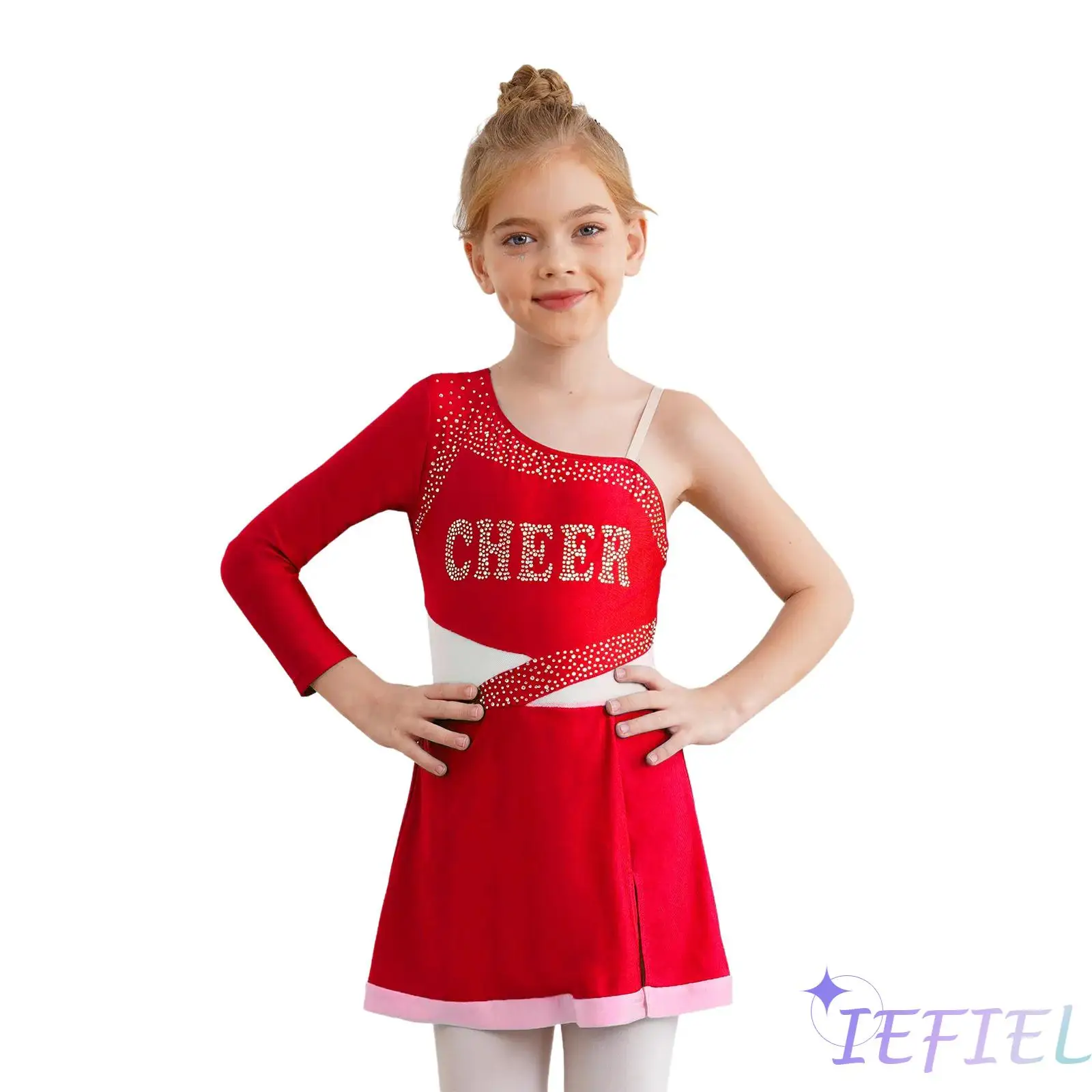 2Pcs Girls Cheer Leader Costume One Shoulder Single Sleeve Rhinestones Dance Dress with Shorts Set Cheer Uniform Outfit 
2Pcs Girls Cheer Leader Costume One Shoulder Single Sleeve Rhinestones Dance Dress with Shorts Set Cheer Uniform Outfit