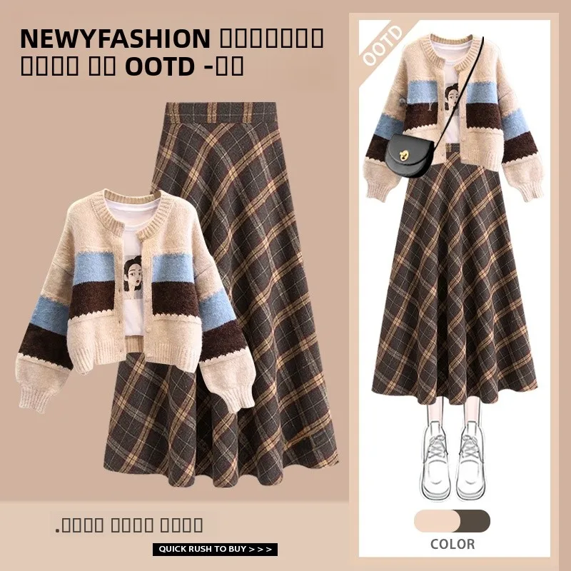 Autumn Winter Women's Fashion Sweater And Skirt Set V-Neck Striped Color Block Long Sleeve Top with Plaid Skirt Two-Piec...
Autumn Winter Women's Fashion Sweater And Skirt Set V-Neck Striped Color Block Long Sleeve Top with Plaid Skirt Two-Piec...