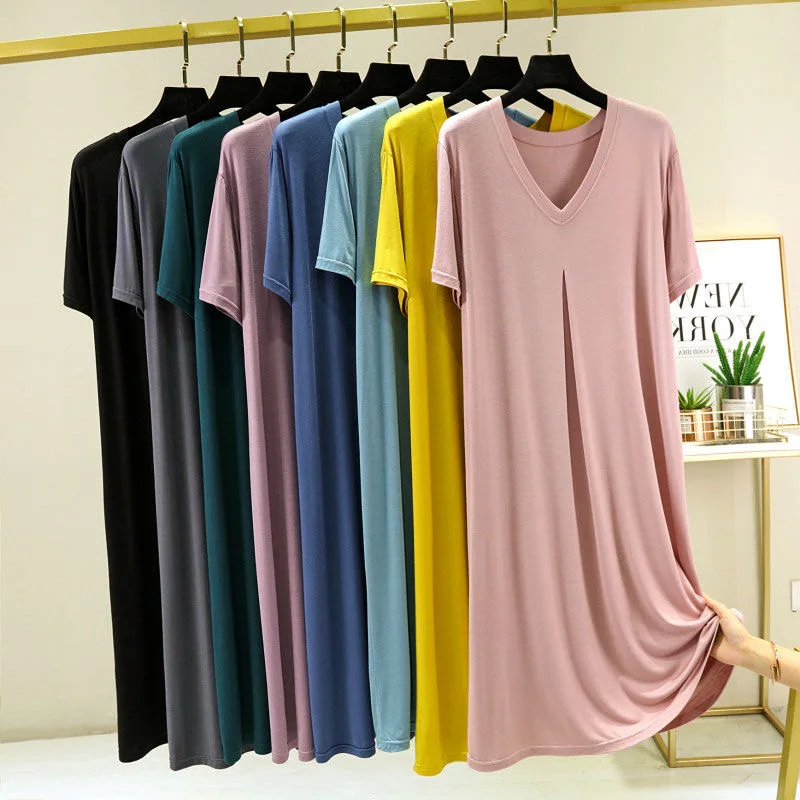 Modal Night Dress Women Summer Pajamas Thin V-neck Loose Short Sleeve Sleepwear Home Skirt A-line Dark Green Pijama Mujer L-XL
Modal Night Dress Women Summer Pajamas Thin V-neck Loose Short Sleeve Sleepwear Home Skirt A-line Dark Green Pijama Mujer L-XL