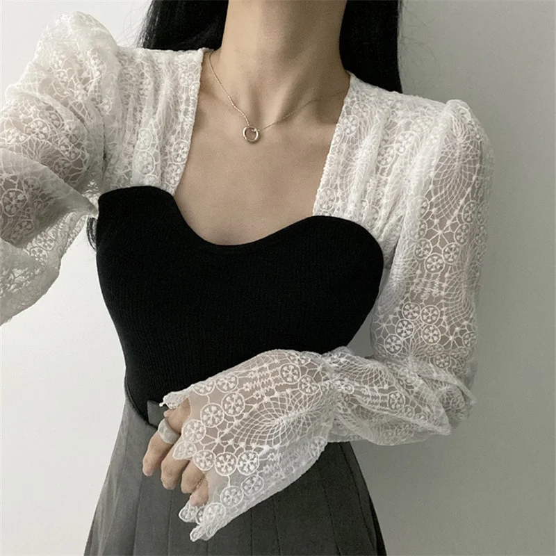 Shirts for Women Korean Fashion New Soft Square Neck Lace Versatile Blouse Spring Long Sleeve Sexy Knit Patchwork Mujer Tops
Shirts for Women Korean Fashion New Soft Square Neck Lace Versatile Blouse Spring Long Sleeve Sexy Knit Patchwork Mujer Tops