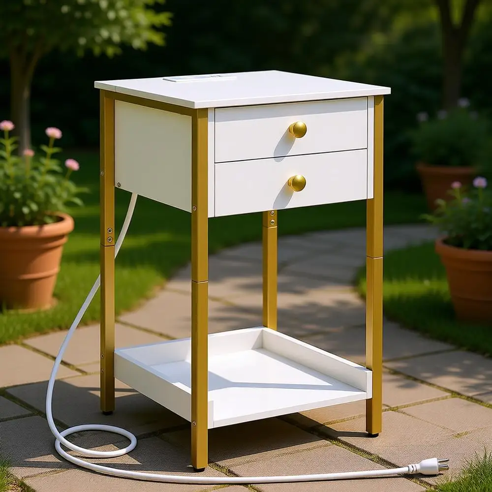 26.2 Inch White and Gold Entryway or Bedroom Table with Charging Station and Storage
26.2 Inch White and Gold Entryway or Bedroom Table with Charging Station and Storage
