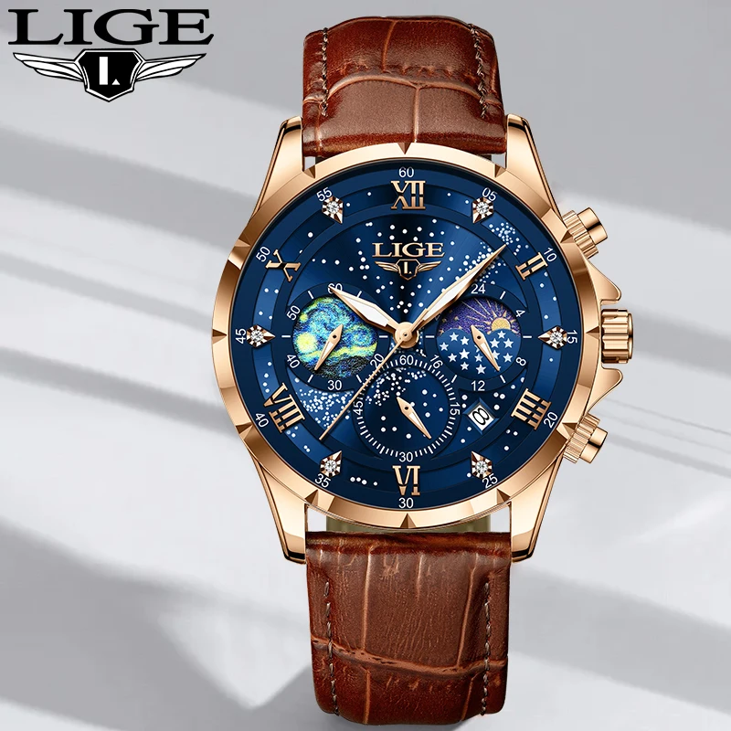 LIGE Fashion Simple Dial Quartz Man Watch Retro Leather Strap Business Casual Sports Moon Phase Auto Date Military Watches Male
LIGE Fashion Simple Dial Quartz Man Watch Retro Leather Strap Business Casual Sports Moon Phase Auto Date Military Watches Male