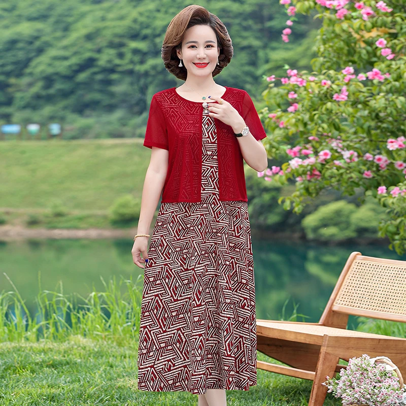 Fake Two Piece Chiffon Dress Women'S Summer Fashion Middle-Aged Lady O-Neck Printed Short Sleeve Dresses
Fake Two Piece Chiffon Dress Women'S Summer Fashion Middle-Aged Lady O-Neck Printed Short Sleeve Dresses