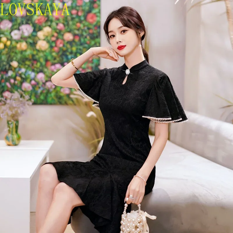 Women's plaid lace dress, new fashion, modern trend, summer black short sleeved traditional Chinese clothing
Women's plaid lace dress, new fashion, modern trend, summer black short sleeved traditional Chinese clothing