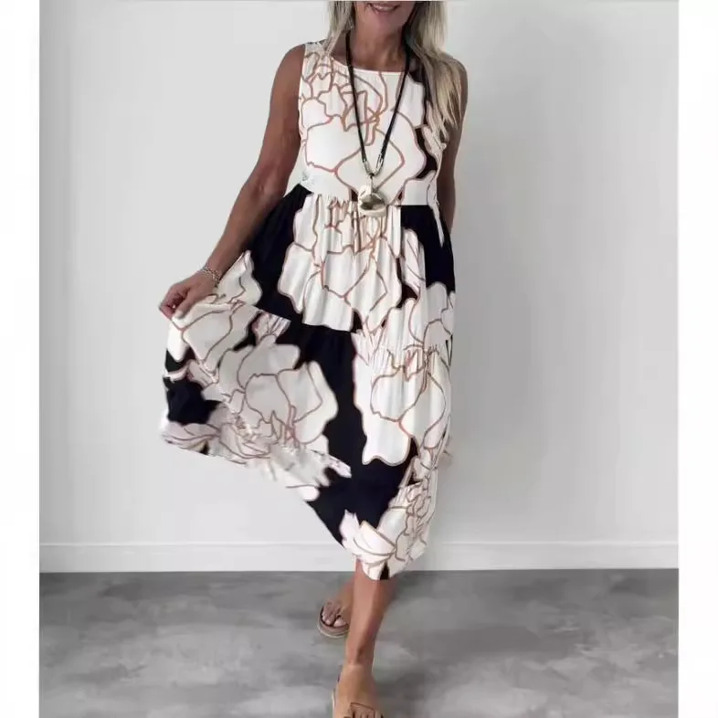 2025 Summer Women's Vest Skirt O-neck Black White Flower Pattern Lace-up Bow Pullover Loose Midi Skirt for Female
2025 Summer Women's Vest Skirt O-neck Black White Flower Pattern Lace-up Bow Pullover Loose Midi Skirt for Female