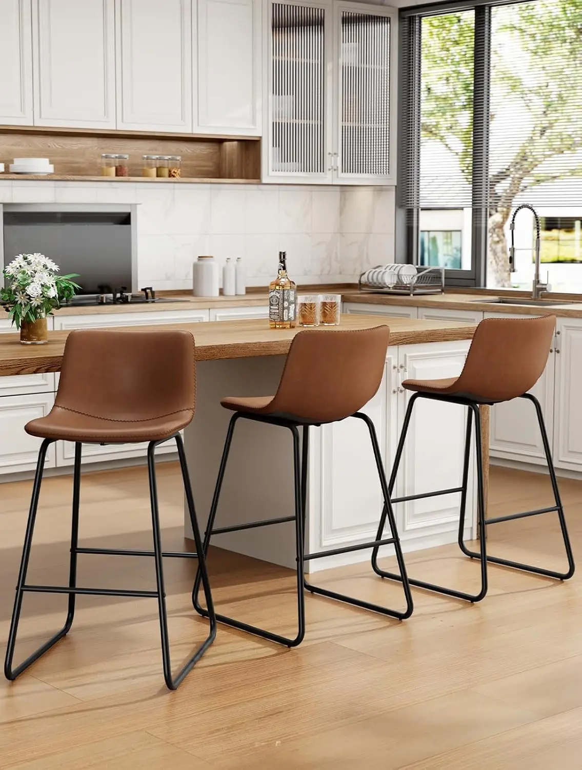 Bar Stools Set of 3, 26" Faux Leather Counter Height Stools, Modern Barstools with Metal Legs and Footrest, Urban, Custom
Bar Stools Set of 3, 26" Faux Leather Counter Height Stools, Modern Barstools with Metal Legs and Footrest, Urban, Custom