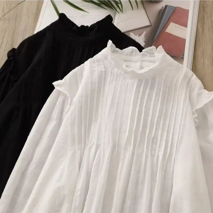 Japanese Mori Girl Sweet White Black Shirts and Blouses Women Autumn Vintage 100% Cotton Pleated Long Sleeve Shirts
Japanese Mori Girl Sweet White Black Shirts and Blouses Women Autumn Vintage 100% Cotton Pleated Long Sleeve Shirts