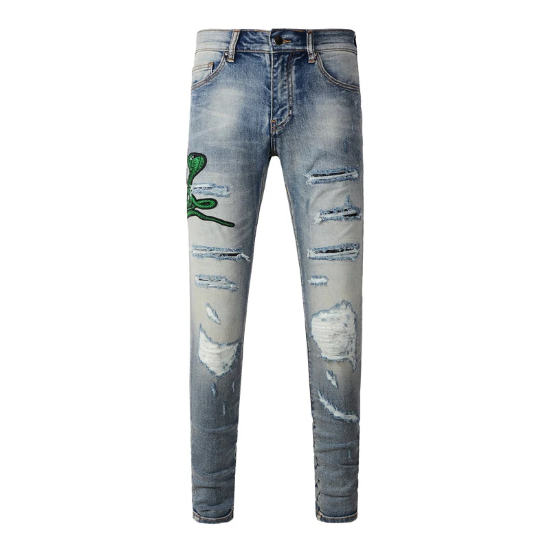 Designer fashion new high-quality jeans snake pattern perforated patch elastic slim fit washed light blue jeans high street hip-
Designer fashion new high-quality jeans snake pattern perforated patch elastic slim fit washed light blue jeans high street hip-