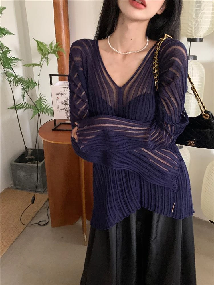 Women's Summer Sexy See Through Stripe V Neck Long Sleeve Ice Silk Sweater Lady Holiday Beach Sun-proof Loose Pullover Jumper
Women's Summer Sexy See Through Stripe V Neck Long Sleeve Ice Silk Sweater Lady Holiday Beach Sun-proof Loose Pullover Jumper