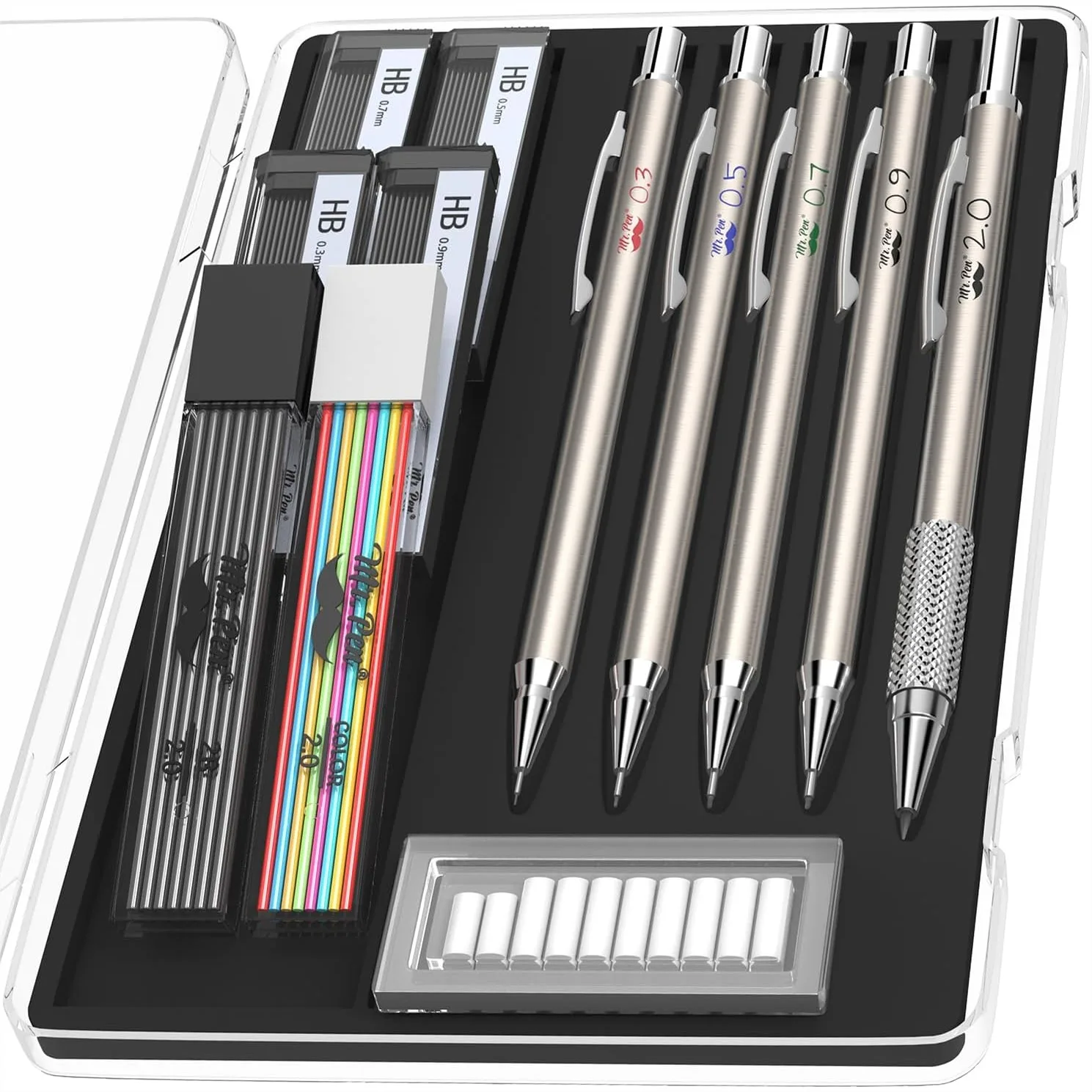 Metal Mechanical Pencil Set with Lead and Eraser Refills, 5 Sizes 0.3-2mm for Drafting, Sketching, Architecture Drawing
Metal Mechanical Pencil Set with Lead and Eraser Refills, 5 Sizes 0.3-2mm for Drafting, Sketching, Architecture Drawing