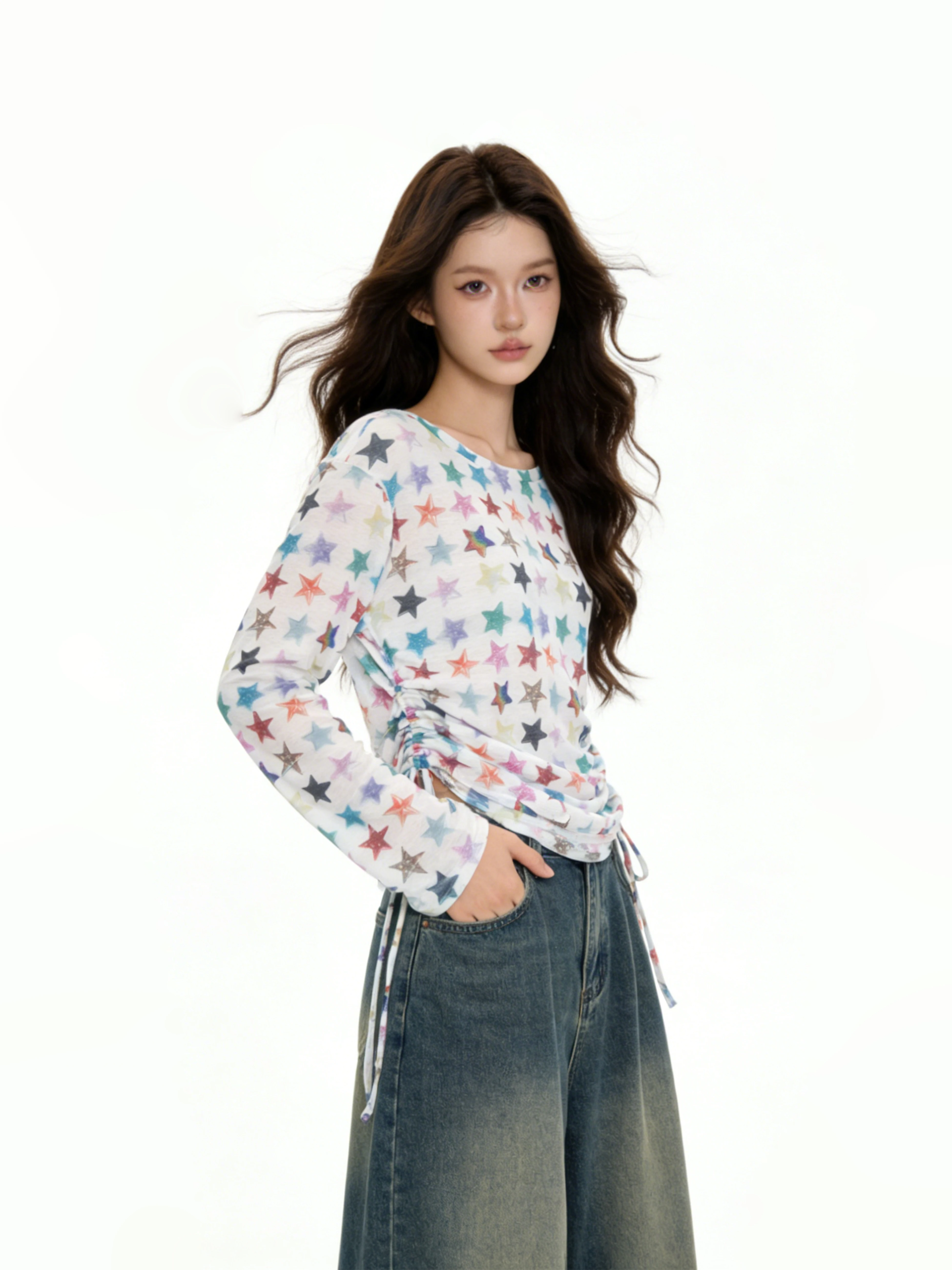 Retro American Drawstring Waist Long Sleeve T-Shirt Women's Slim Fit Ins Top Sweet Sister Style Polyester Viscose Blend
Retro American Drawstring Waist Long Sleeve T-Shirt Women's Slim Fit Ins Top Sweet Sister Style Polyester Viscose Blend