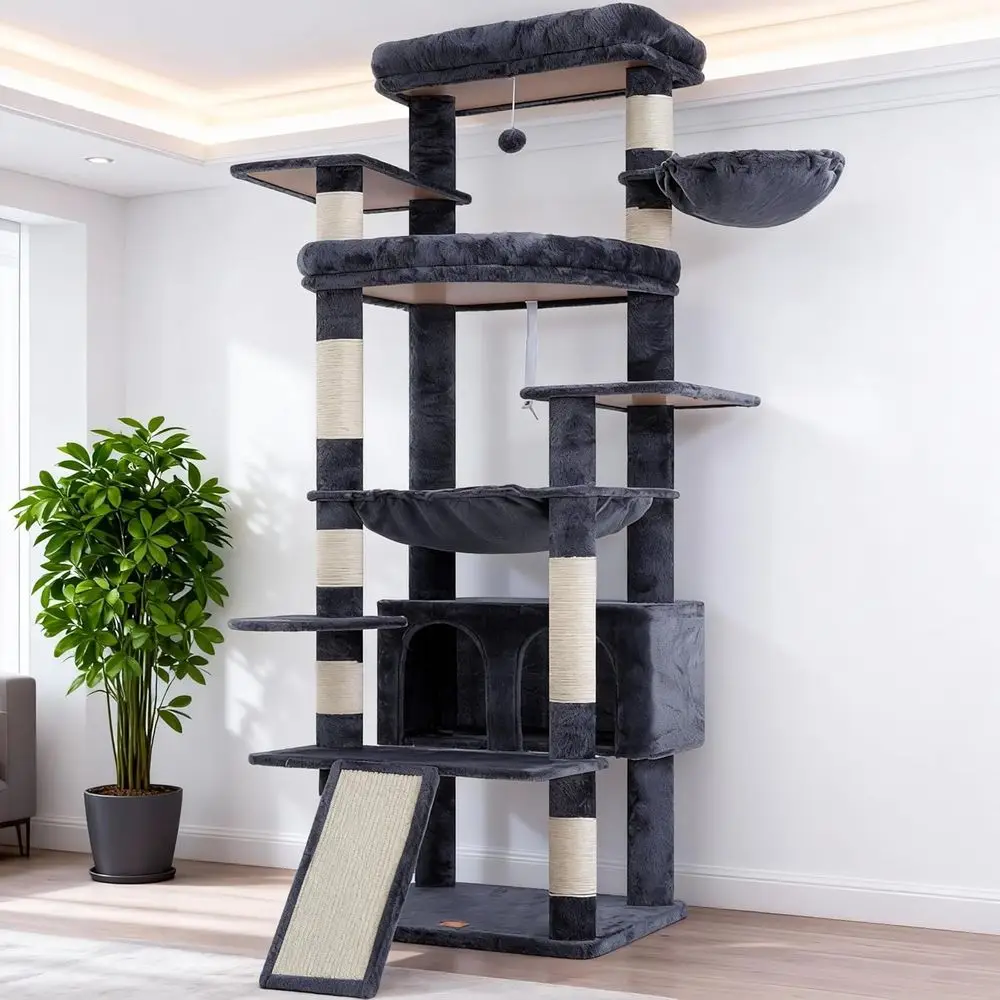 80-inch Multi-Level Cat Tower with 2 Plush Perches, Scratching Board, and Caves in Smoky Gray
80-inch Multi-Level Cat Tower with 2 Plush Perches, Scratching Board, and Caves in Smoky Gray