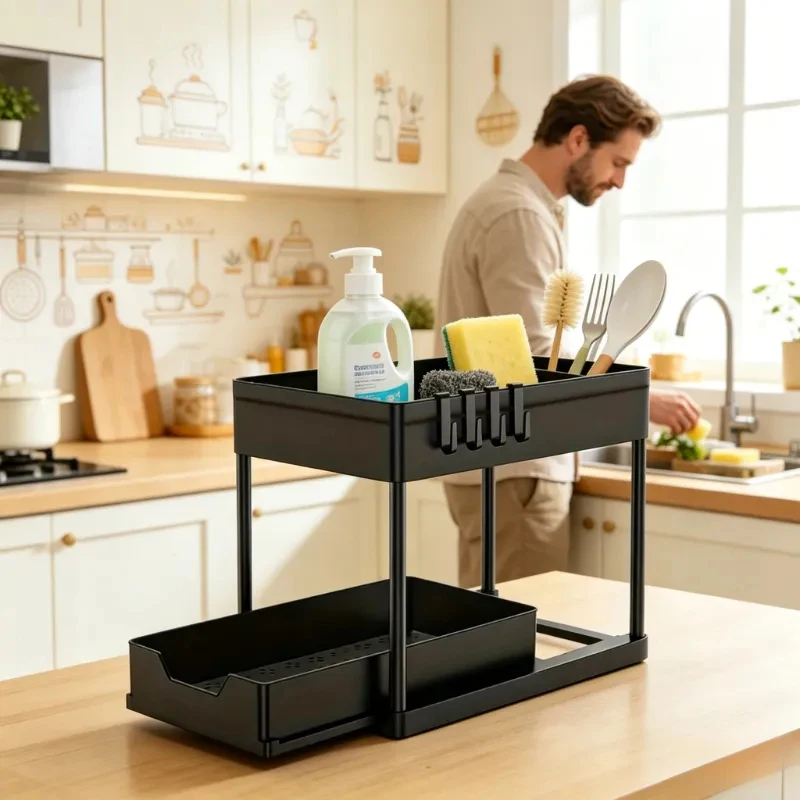 2-Tier Under Sink Organizer Sliding Storage Basket with Hooks for Kitchen Bathroom Cabinet
2-Tier Under Sink Organizer Sliding Storage Basket with Hooks for Kitchen Bathroom Cabinet
