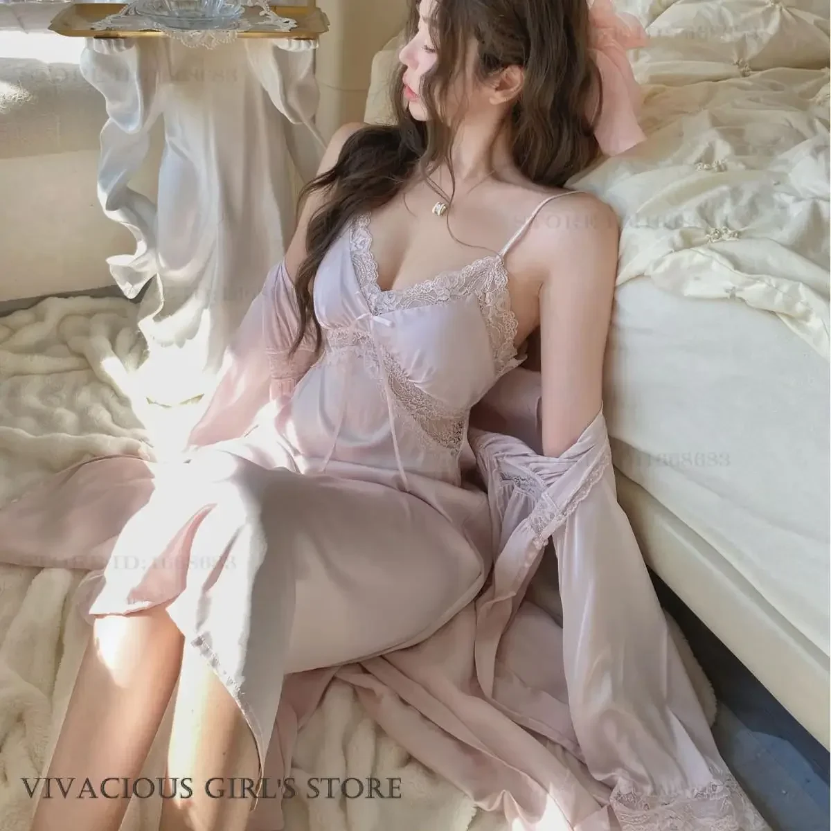 Весенне-летняя ночная рубашка и халат, комплект, элегантная сексуальная кружевная длинная ночная рубашка, атласное кимоно, халат, ночная рубашка во французском стиле, одежда для сна, домашняя одежда 
Весенне-летняя ночная рубашка и халат, комплект, элегантная сексуальная кружевная длинная ночная рубашка, атласное кимоно, халат, ночная рубашка во французском стиле, одежда для сна, домашняя одежда