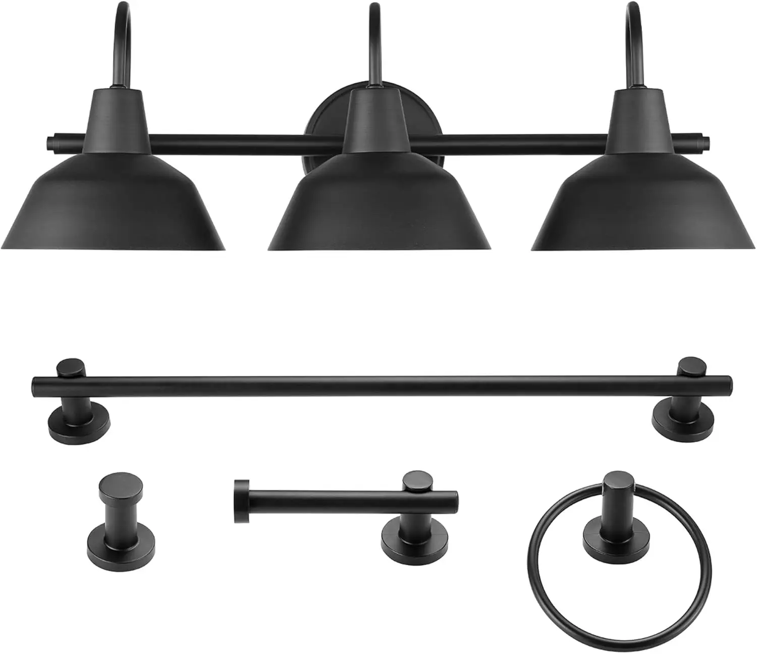 24-Inch 3-Light Vanity Fixture with Bathroom Accessory Set, Matte Black Industrial Design, E26 Base, Towel Bar, Ring, Hook &
24-Inch 3-Light Vanity Fixture with Bathroom Accessory Set, Matte Black Industrial Design, E26 Base, Towel Bar, Ring, Hook &