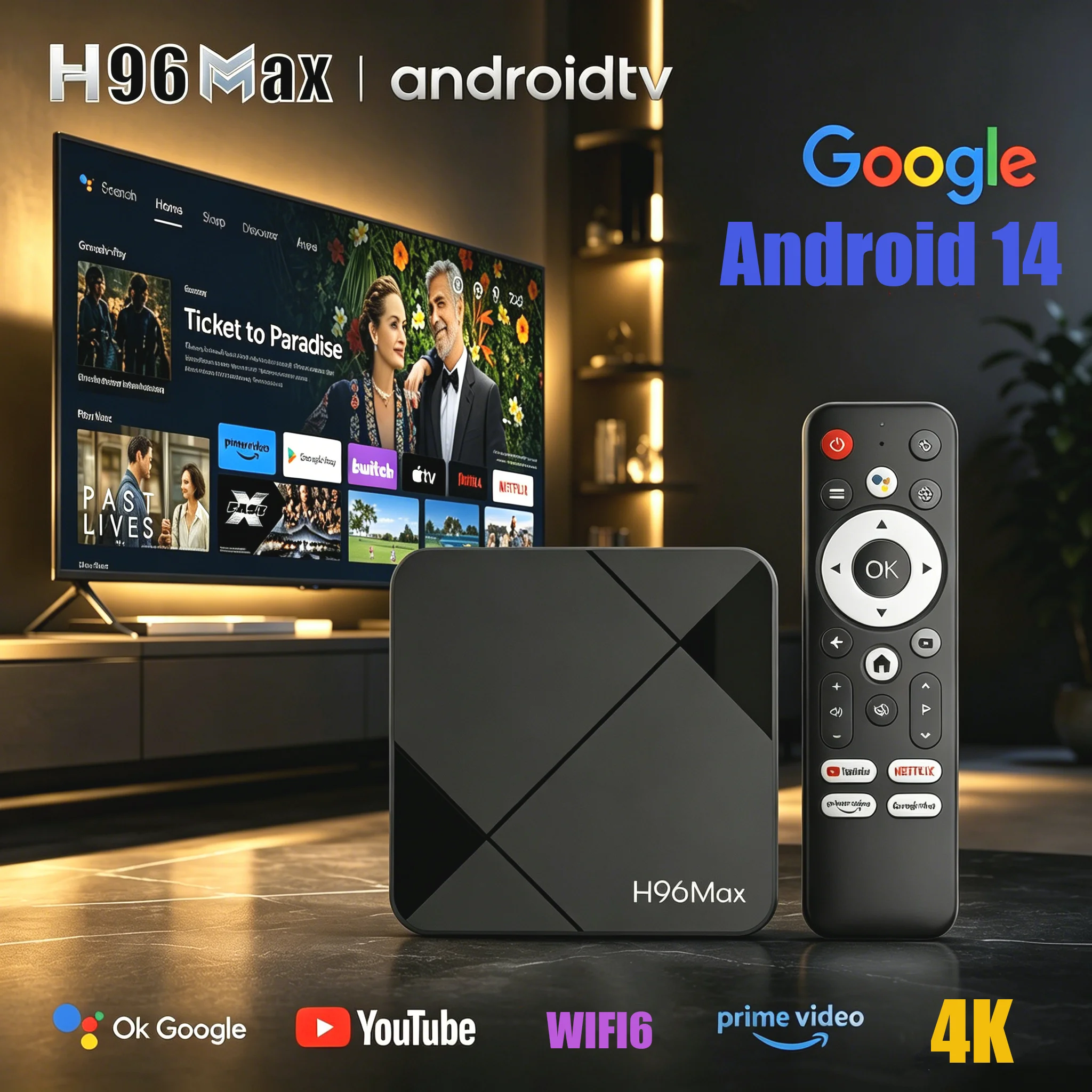 Sfe67e7b8cc0a4aa98773ec6c39725f77n H96Max RK3518 4K TV Box Android 14 Quad Core WiFi6 BT5.4 Google Voice Assistant with New Geometric Lens Design Set Top Box