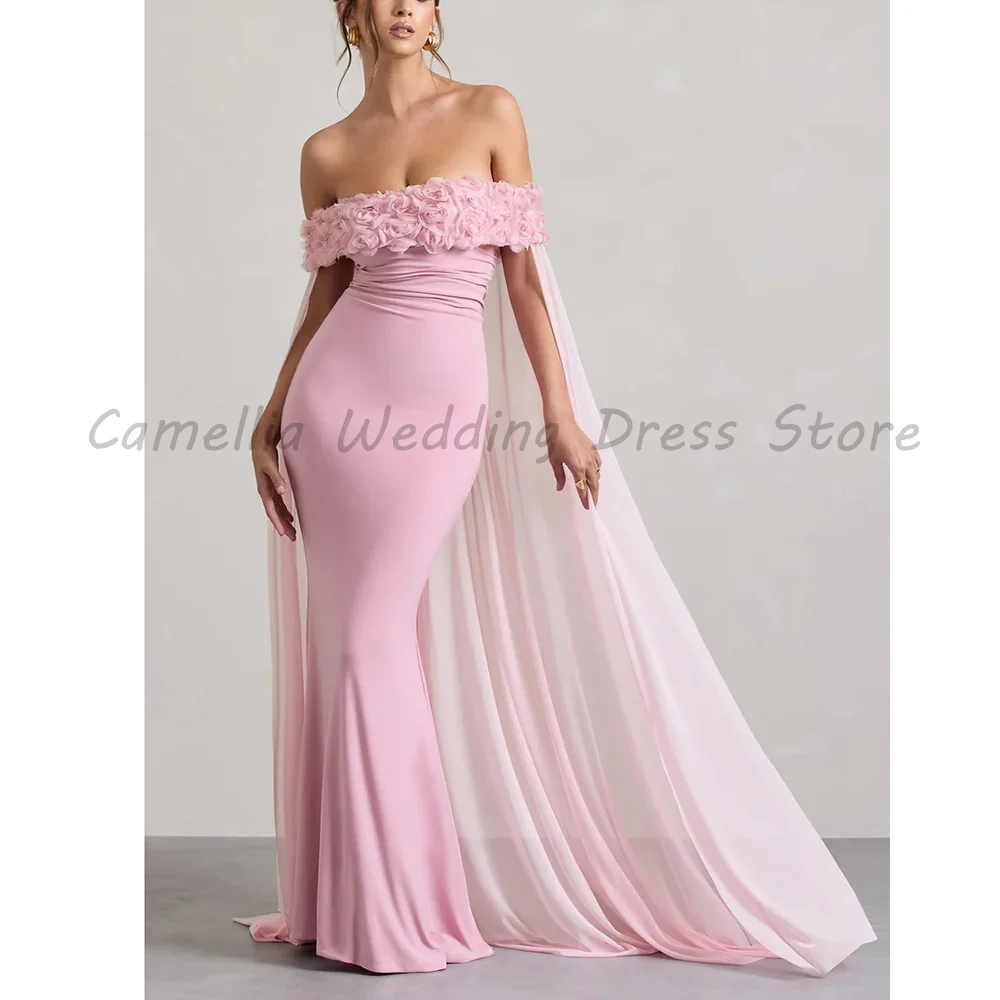 Elegant Pink Off The Shoulder Mermaid Evening Dress 2026 3D Flower Applique Chiffon Cape Maxi Prom Dress For Women
Elegant Pink Off The Shoulder Mermaid Evening Dress 2026 3D Flower Applique Chiffon Cape Maxi Prom Dress For Women