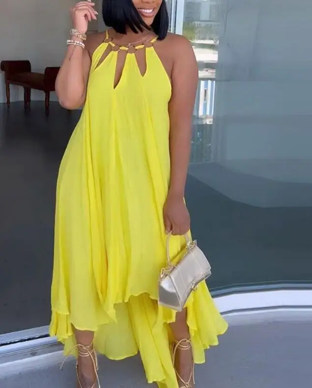 Summer New Hollow O-Shaped Decoration Asymmetric Casual Dress Colorful Loop Buckle Shoulder Strap Irregular Hem Dress
Summer New Hollow O-Shaped Decoration Asymmetric Casual Dress Colorful Loop Buckle Shoulder Strap Irregular Hem Dress