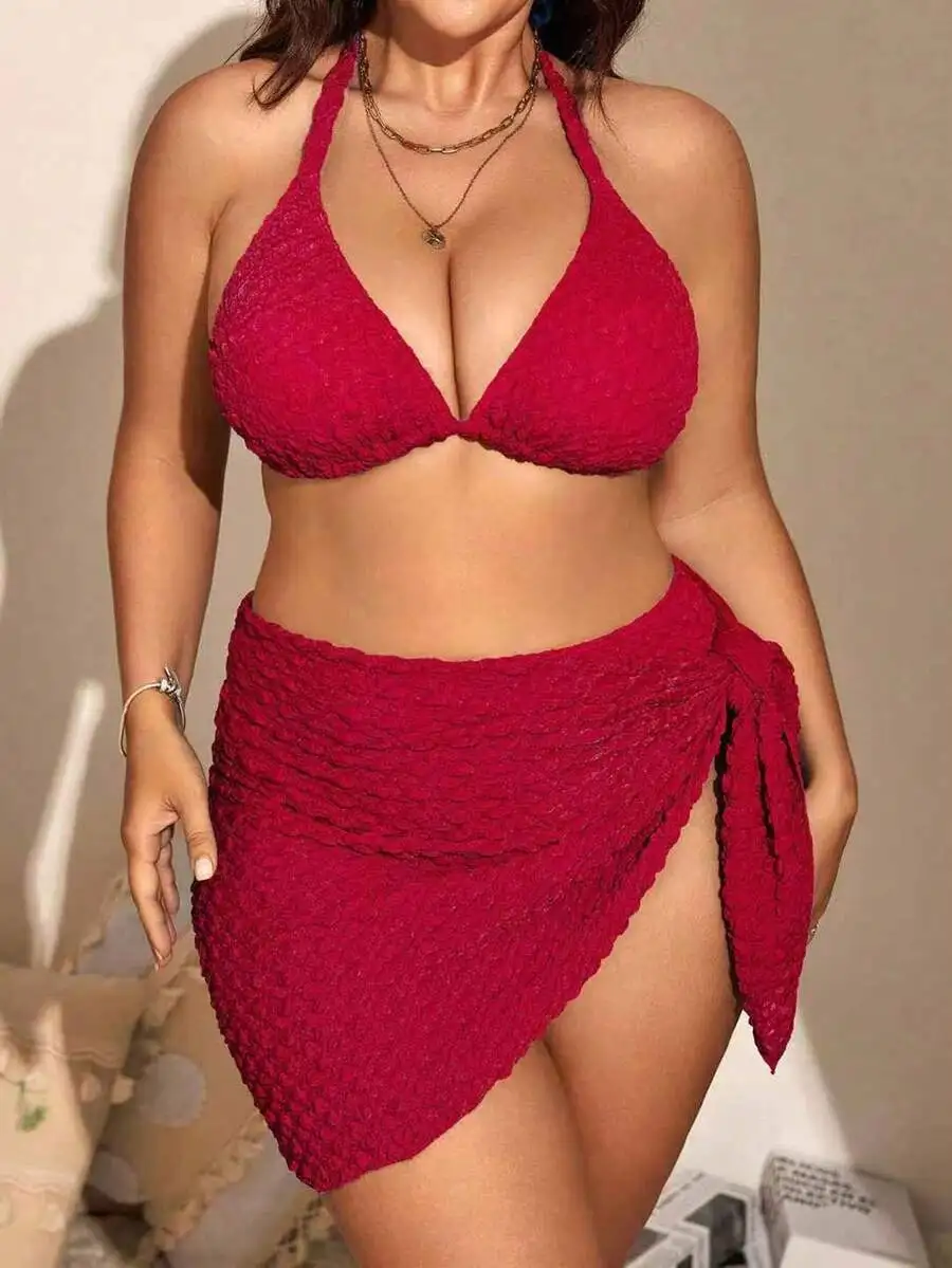 Plus Size Women Solid Color Triangle Bikini Set With Wrap Skirt For Beach Vacation Summer
Plus Size Women Solid Color Triangle Bikini Set With Wrap Skirt For Beach Vacation Summer