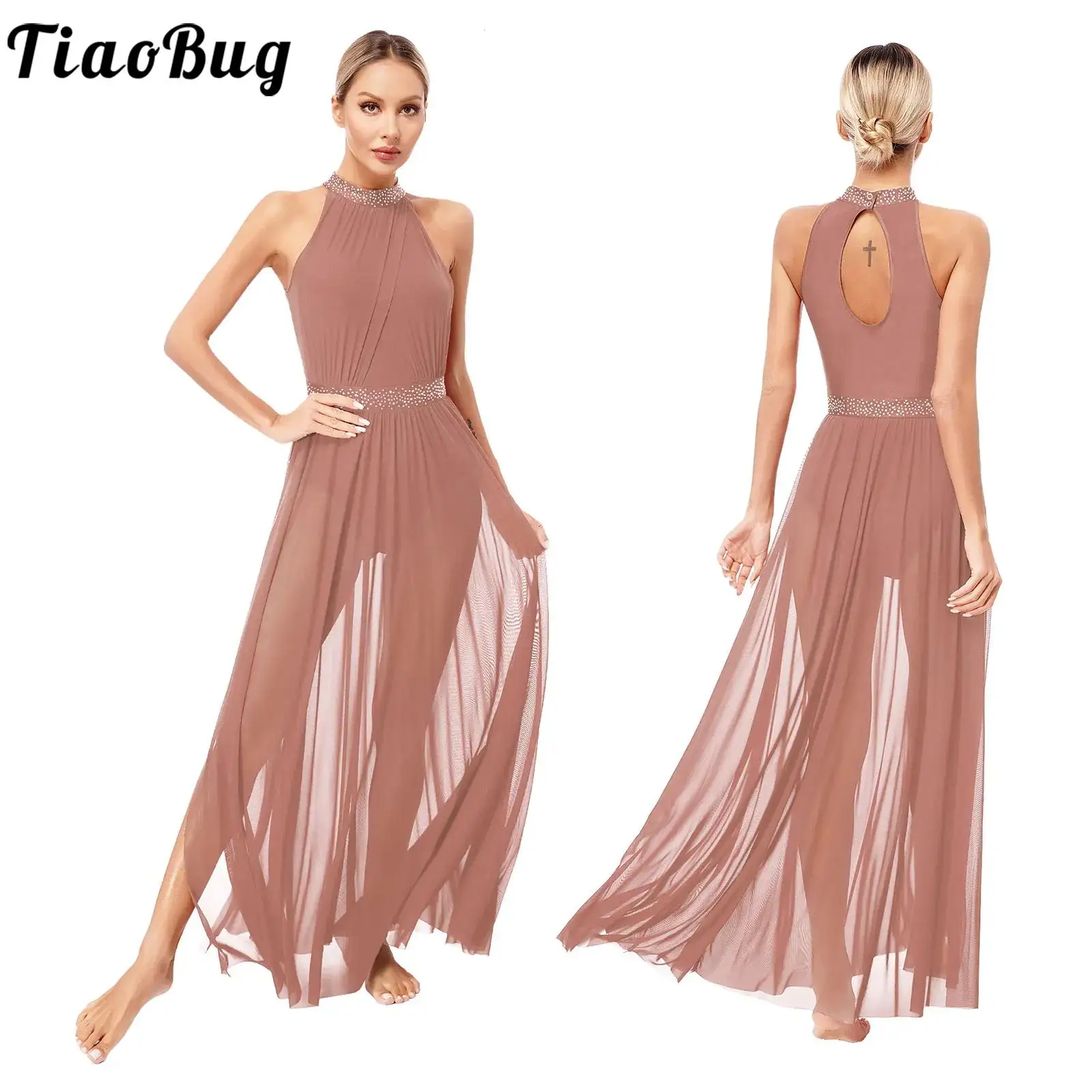 Womens Lyrical Dance Performance Costume Sleeveless Shiny Rhinestones Side Split Mesh Maxi Dress Ballet Leotard Dancewear
Womens Lyrical Dance Performance Costume Sleeveless Shiny Rhinestones Side Split Mesh Maxi Dress Ballet Leotard Dancewear
