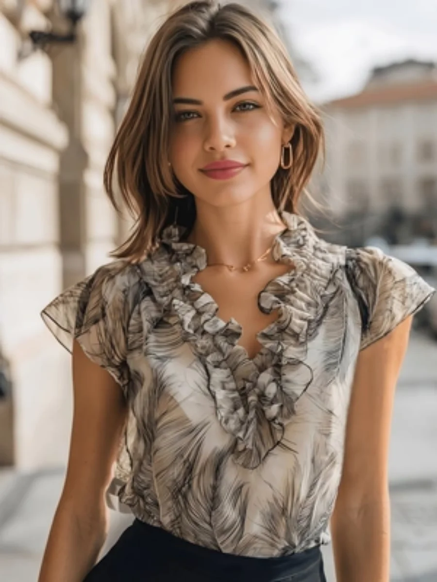 Women's Feather Print Chiffon Blouse Elegant V-Neck Ruffle Cap Sleeve Casual Office Workwear Shirt for Spring Summer
Women's Feather Print Chiffon Blouse Elegant V-Neck Ruffle Cap Sleeve Casual Office Workwear Shirt for Spring Summer